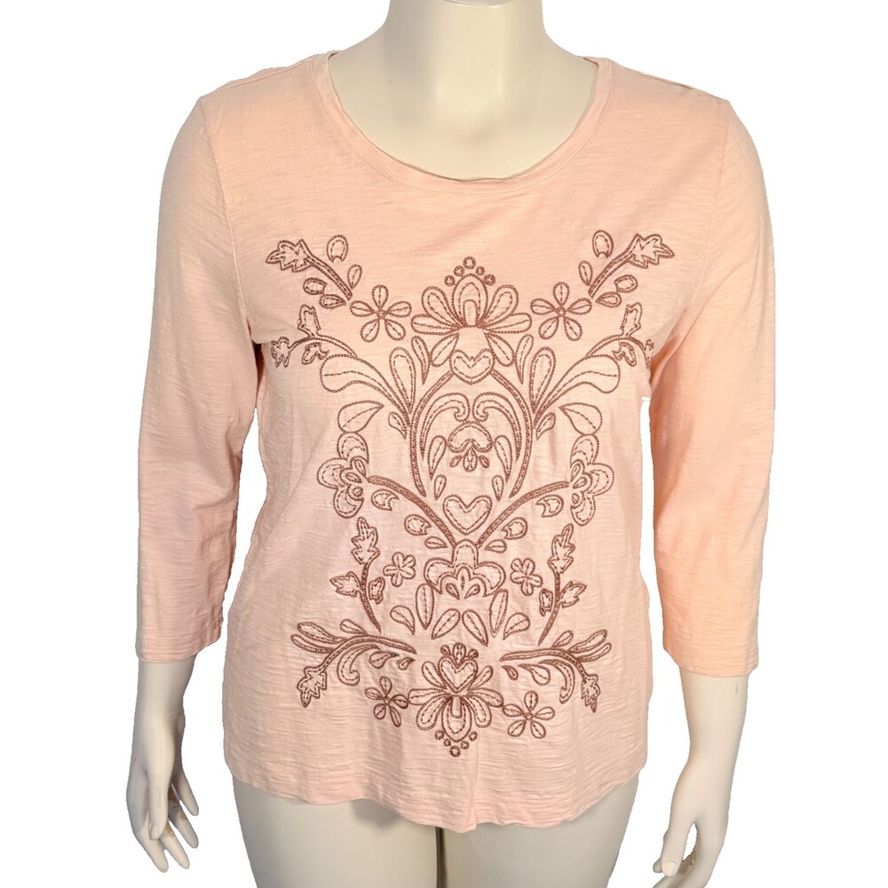 Chico's Top Womens L Light Pink Brown Embroidered 3/4 Sleeve Round Neck